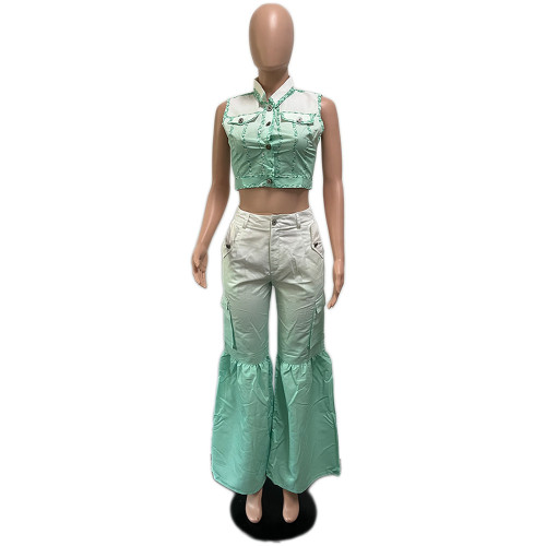 Location printed multi pocket flare pants set