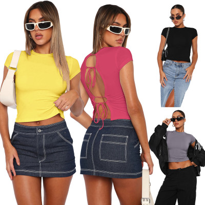 Lace hollow open back super short top wearing T-shirt