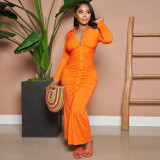 Pleated Solid Color Long Dress