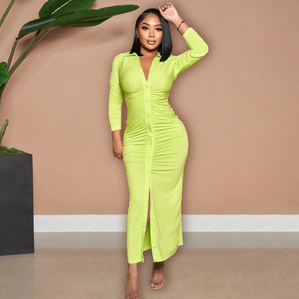 Pleated Solid Color Long Dress