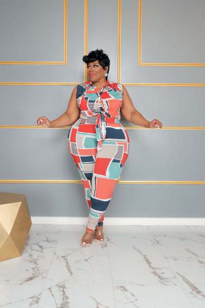 Large Color Graphic Printing Slim Fit Two Piece Set