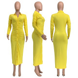 Pleated Solid Color Long Dress