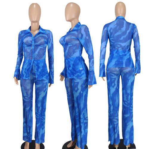 Sexy and fashionable mesh printed two-piece set