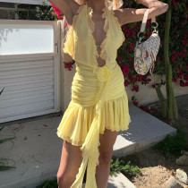 Hollow neck hanging three-dimensional flower pleated wrap buttocks dress