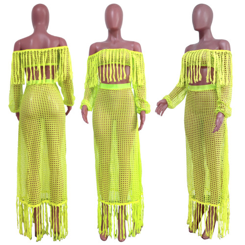 Mesh fringed beach skirt two-piece set