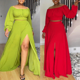 Solid One Shoulder High Waist Split Large Hem Lantern Sleeves Two Piece Dress Set