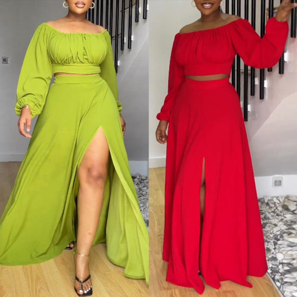 Solid One Shoulder High Waist Split Large Hem Lantern Sleeves Two Piece Dress Set