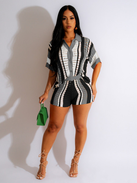 Hollow out perspective contrasting lapel knit shorts set