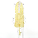 Hollow neck hanging three-dimensional flower pleated wrap buttocks dress