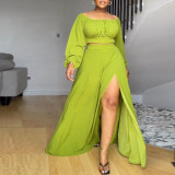 Solid One Shoulder High Waist Split Large Hem Lantern Sleeves Two Piece Dress Set