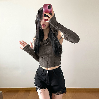 Women's Solid Color Slim Fit Open Navel Street Fashion Hooded Sleeveless Tank Top