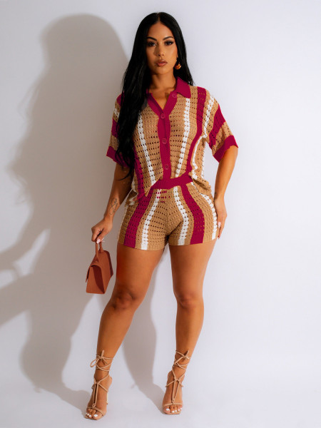 Hollow out perspective contrasting lapel knit shorts set