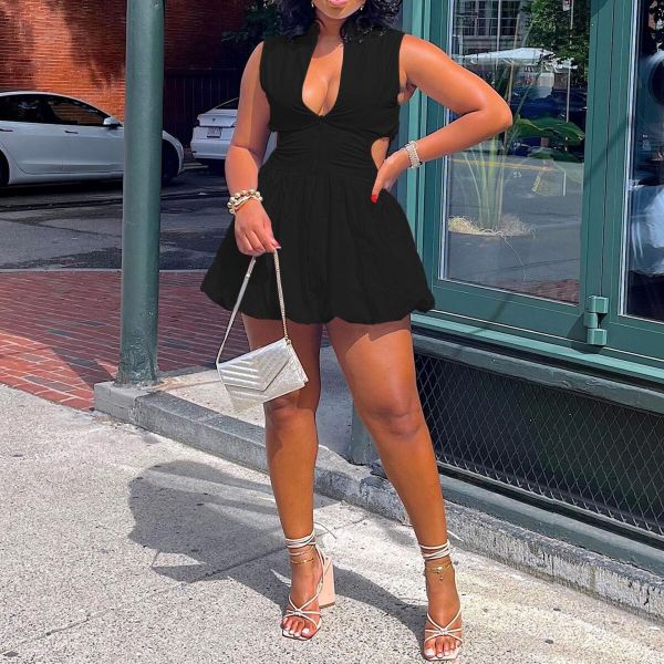 Solid color waistband cut out fluffy V-neck top skirt