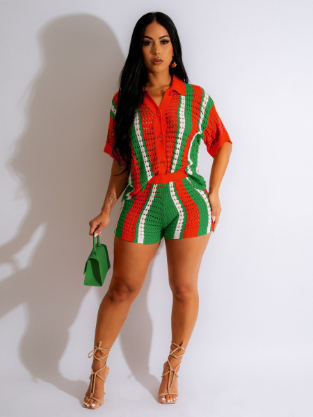 Hollow out perspective contrasting lapel knit shorts set