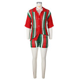 Hollow out perspective contrasting lapel knit shorts set