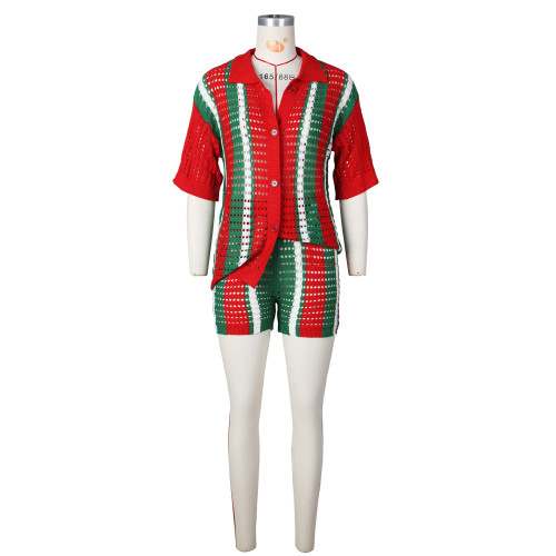 Hollow out perspective contrasting lapel knit shorts set