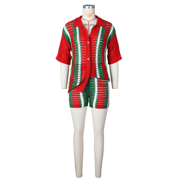 Hollow out perspective contrasting lapel knit shorts set