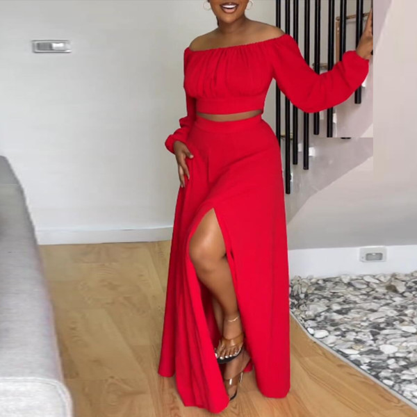 Solid One Shoulder High Waist Split Large Hem Lantern Sleeves Two Piece Dress Set