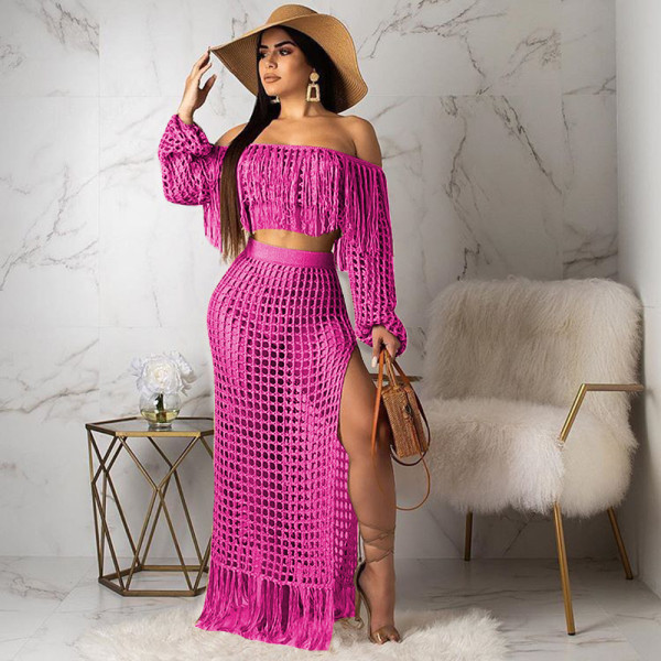 Mesh fringed beach skirt two-piece set