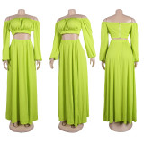 Solid One Shoulder High Waist Split Large Hem Lantern Sleeves Two Piece Dress Set