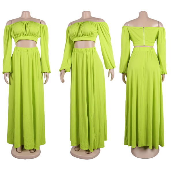 Solid One Shoulder High Waist Split Large Hem Lantern Sleeves Two Piece Dress Set