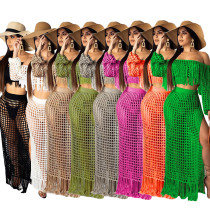 Mesh fringed beach skirt two-piece set
