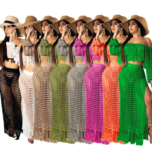 Mesh fringed beach skirt two-piece set