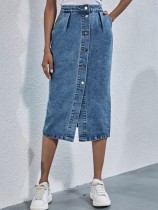 Fashionable high waisted single breasted denim half length skirt Fashionable high waisted single breasted denim half length skirt