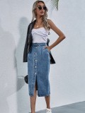 Fashionable high waisted single breasted denim half length skirt