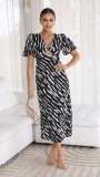 Printed V-neck A-line mid length dress
