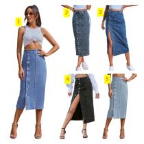 Irregular split button denim high waisted half length skirt Irregular split button denim high waisted half length skirt