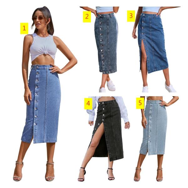 Irregular split button denim high waisted half length skirt
