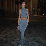 Sexy Slim Fit Pleated Open Back Top Half Skirt Set