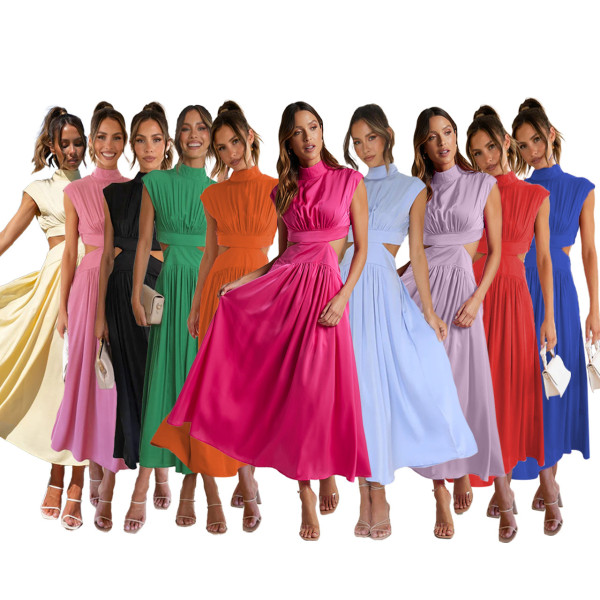 Standing Collar Macaron Open Waist Long Dress