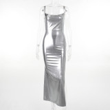 Strap pocket neck sexy split dress