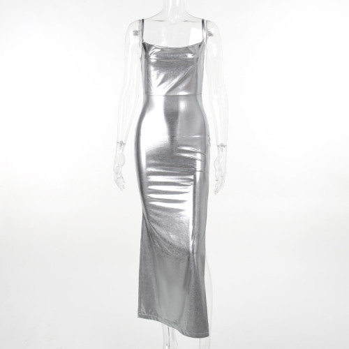 Strap pocket neck sexy split dress