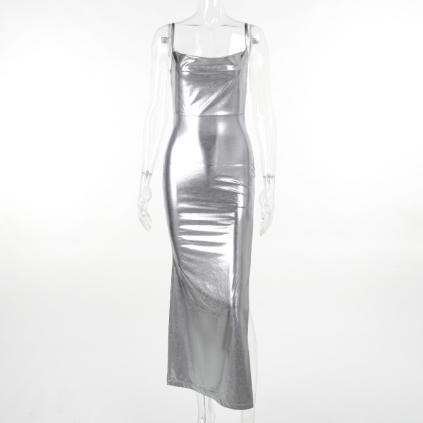 Strap pocket neck sexy split dress
