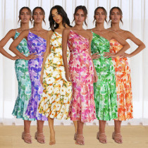 Diagonal neck strap fishtail printed dress