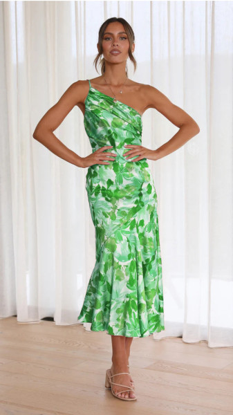 Diagonal neck strap fishtail printed dress