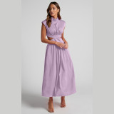 Standing Collar Macaron Open Waist Long Dress