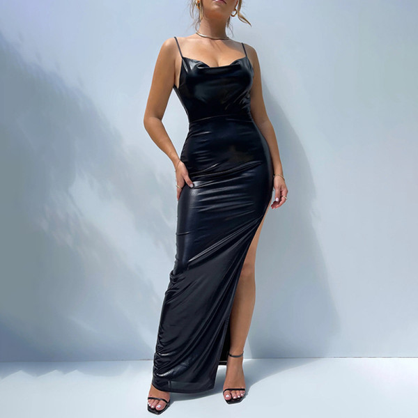 Strap pocket neck sexy split dress