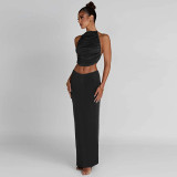 Sexy Slim Fit Pleated Open Back Top Half Skirt Set