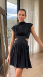Waist up stand up collar open waist short dress