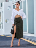 Irregular split button denim high waisted half length skirt