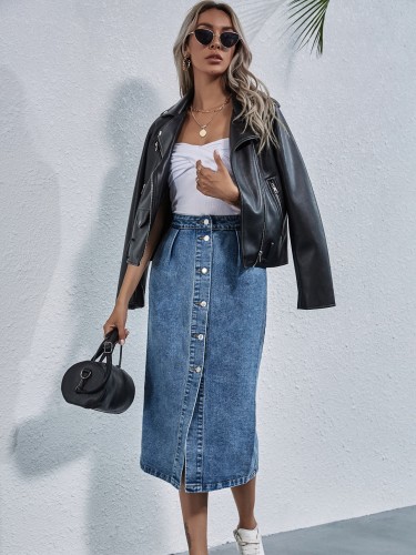 Fashionable high waisted single breasted denim half length skirt