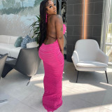 Solid color hanging neck U-neck open back long one step skirt