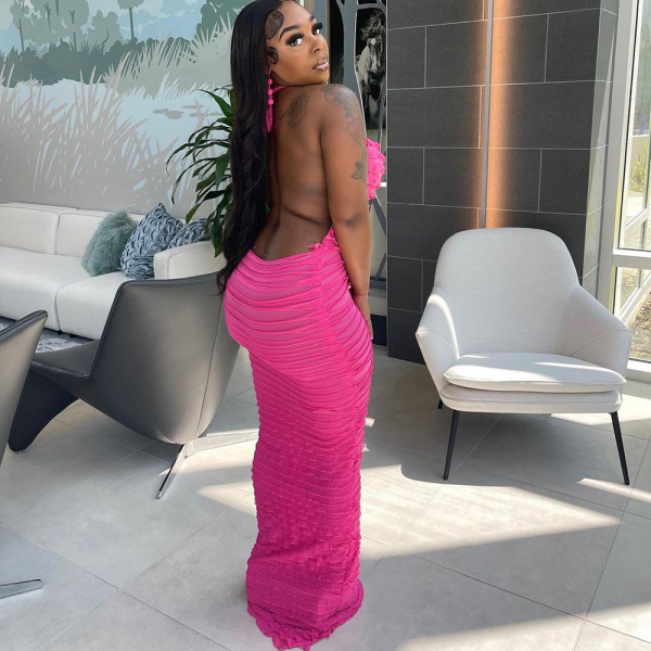 Solid color hanging neck U-neck open back long one step skirt