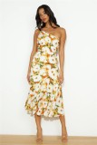 Diagonal neck strap fishtail printed dress