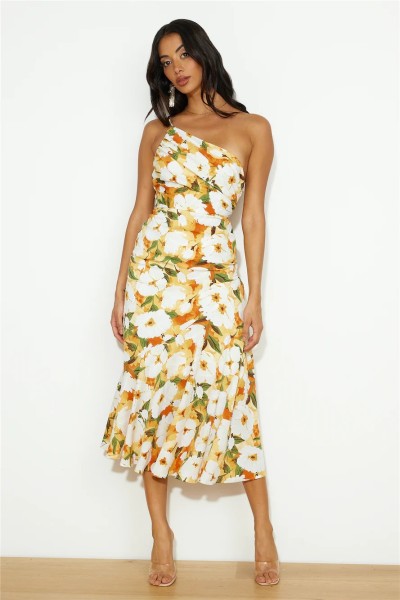 Diagonal neck strap fishtail printed dress