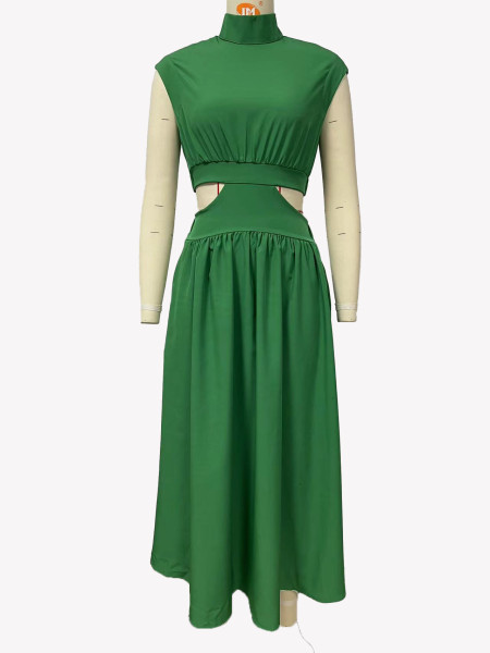 Standing Collar Macaron Open Waist Long Dress